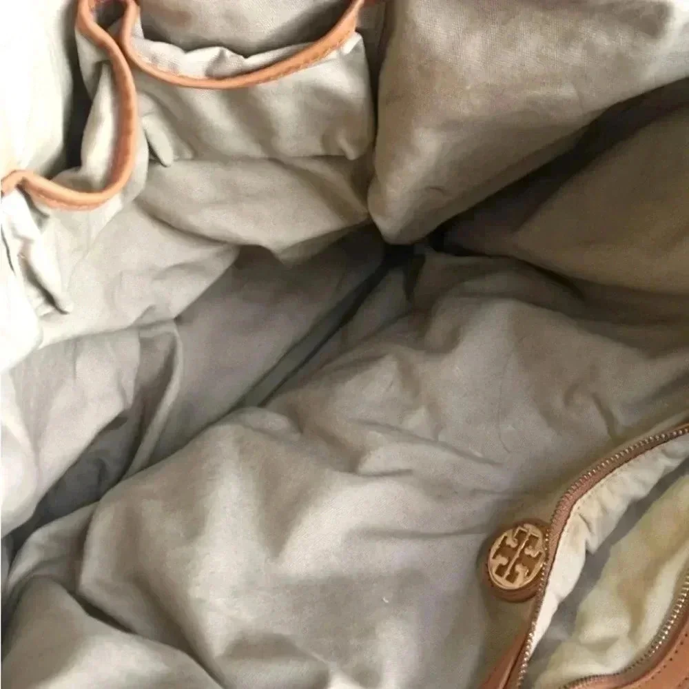 Tory Burch beige/ blue green striped canvas hobo handbag